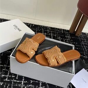 Women's Celine Beige Triomphe Fringe Trim Mule Sandals